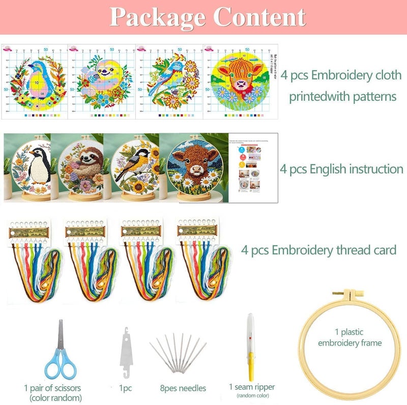 Zhenqing Zhenging Animal Cross Stitch Kit – 4 Pre-Printed Designs (Sloth, Bird, Penguin, Calf) with 11CT 9.45x9.45 Inch Fabric, Hoop, Scissors, Threader & Tools for Beginners & Adults - Image 3